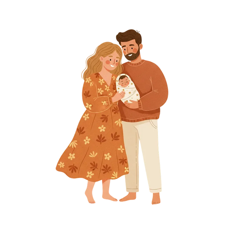 Full body editorial illustration of a couple standing together and holding their swaddled newborn baby close.
